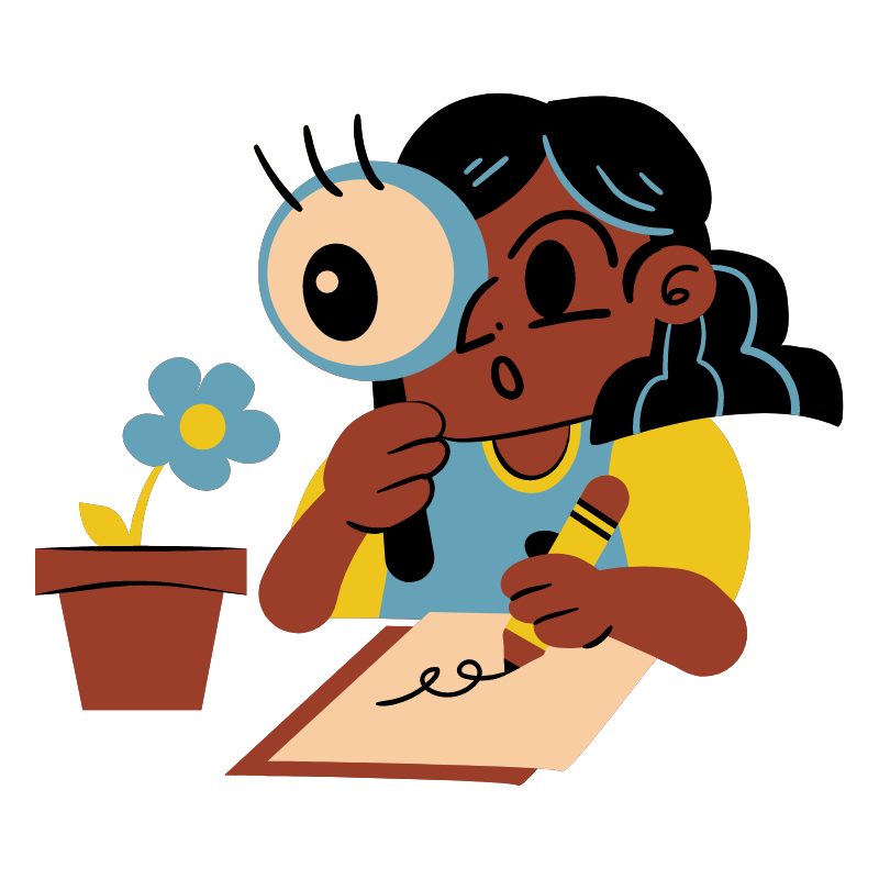 Une fille regarde sa plante avec une loupe
